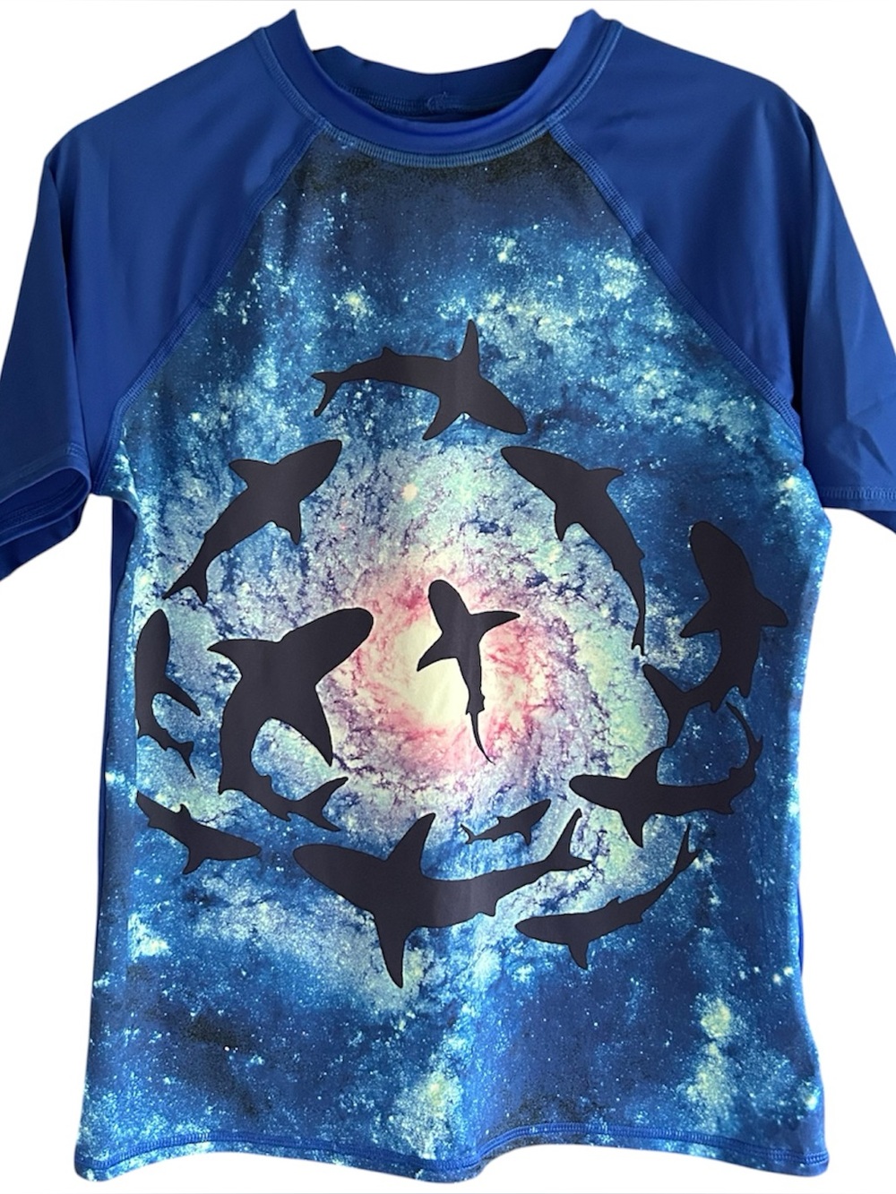 Lands End Size 10H-12H Boys Blue Galaxy Shark Rash Guard Swim Shirt
